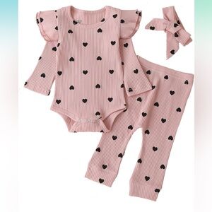 Baby Girl's 3pc Rib Frill Long Sleeve Romper and Pant Set